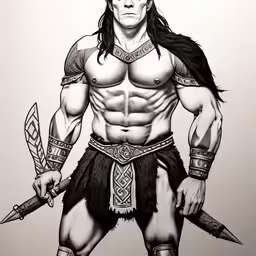 a drawing of a male warrior with big muscles
