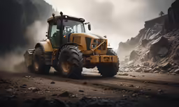 a yellow tractor is riding through the mountain