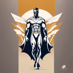a man with a cape, a sword and an eye,a stylized painting of batman man in grey and yellow colors