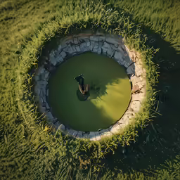 a man made pond is surrounded by a grassy area
