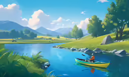 a painting of a person on a yellow boat in a river with mountains, trees and grass