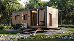 a modern, mobile home sits in the grass near rocks and trees,there is a small cabin with steps to the front
