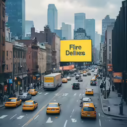 there is a billboard on the street that says fire dellicles
