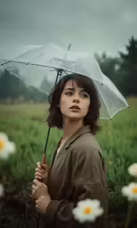 a girl with umbrella stands in grass near flowers