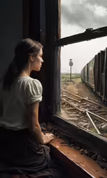 a woman sitting on a train tracks looking out a window