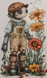 a drawing of a man standing in front of flowers