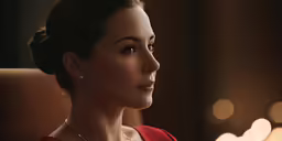 a woman in red blouse sitting down and looking away from the camera