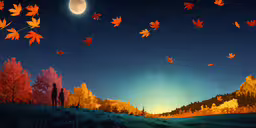 a painting shows a colorful landscape of trees and people in the foreground,an image of a painting of two people and autumn leaves