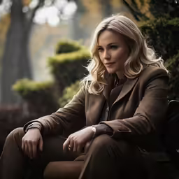a young blonde woman is sitting on a bench looking at something