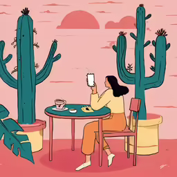woman eating and drinking coffee sitting at an outdoor table with cactus in the background