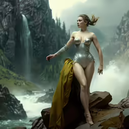 woman in shiny lingerie on rocks by a mountain