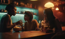 two ladies and one man are having drinks in the bar