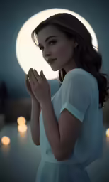 a woman in a white dress with her hands together and a large circle of lit candles
