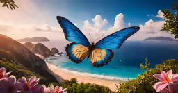a blue butterfly flying in front of the beach