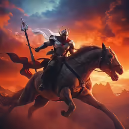 man riding on a horse with an armor and sword in his hand