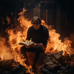 a man sits on rocks as he reads a book near a fire