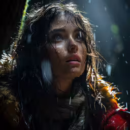 a woman in the rain with water and snow around her,the girl in the snow is crying at something