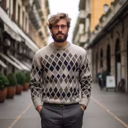 a man standing in an alleyway with a sweater and glasses,a man with a beard is standing by the street