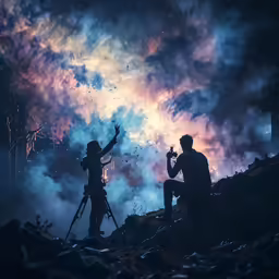 two people standing in front of a sky full of fire