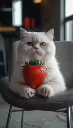 a cat sitting on top of a chair with a strawberry in its paws