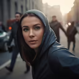 woman taking photo with cell phone while standing on street