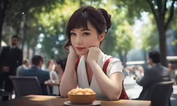 the woman is sitting down next to her food