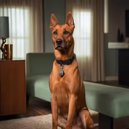 a brown dog sits on the floor in front of a blue couch