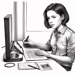 an old photo of a woman at her desk