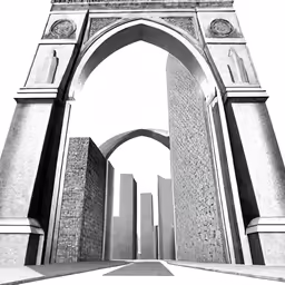 the sun shines on an arch with carvings