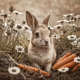 an adorable baby rabbit sits next to carrots in the garden