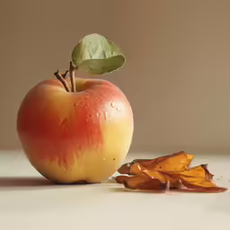 a red apple is next to yellow leaves
