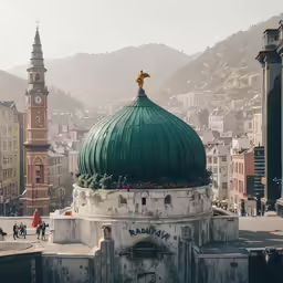 a church with a green dome on top