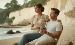 a young couple sitting on a chair near the ocean
