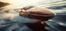a brown sports car with an open top is speeding through the water