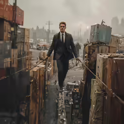 a man dressed in a suit walks through a warehouse