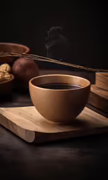 a cup of coffee sitting on top of a wooden cutting board