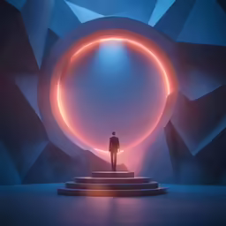 a man standing in front of a bright, colorful sphere