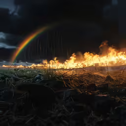 a fire is blazing as the storm approaches