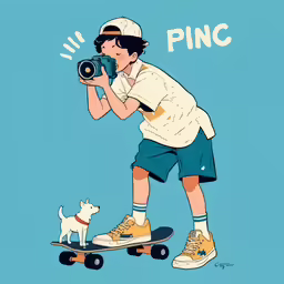 a person taking pictures with a camera and skateboard