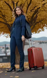 a woman with a suitcase is posing for the camera
