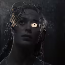 a woman is looking in front of a flashlight