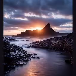 a sunset at a rocky beach is reflected on the water