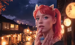 a woman with red hair and horns standing near a street