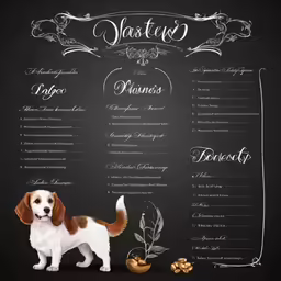 a dog standing in front of a menu