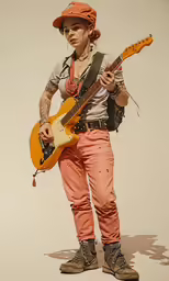 a person in an orange hat standing with a yellow guitar