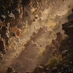 the foggy scene has some leaves falling from them