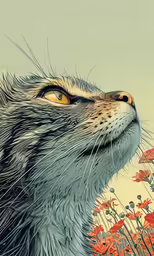 a painting of a cat with an orange eyes
