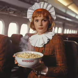 a woman holds a bowl of food on her seat in an airplane