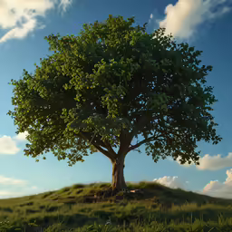 a tree with leaves on top of a grassy hill