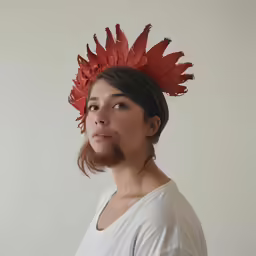 a young woman wearing red feathers is staring upward